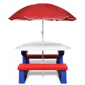 VidaXL Stół dla dzieci z ławkami i parasolem, wielokolorowy
